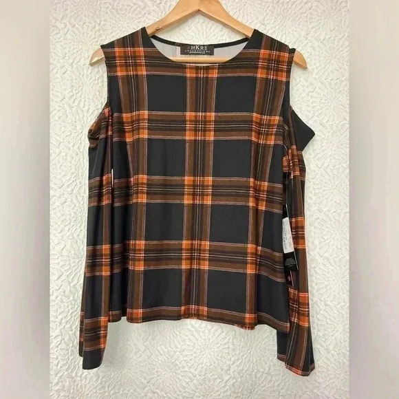 2/$12 HKR Collections Top Size XL Cold Shoulder Black & Rust Plaid Boutique Fall - Picture 11 of 14